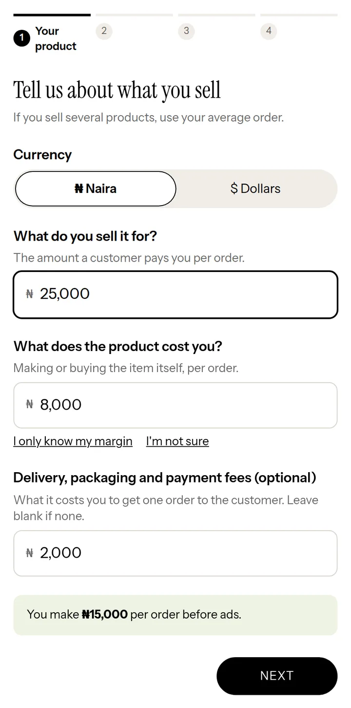 The planner's first step, filled in: a product that sells for ₦25,000 and costs ₦8,000, leaving ₦15,000 per order before ads.