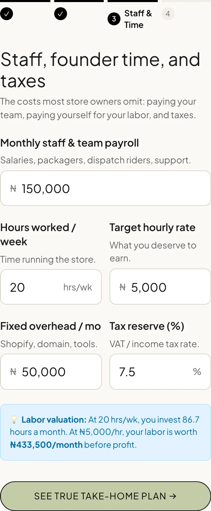 The staff and labor valuation step: ₦150k monthly payroll, 20 hrs/week at ₦5,000/hr, and 7.5% tax reserve.
