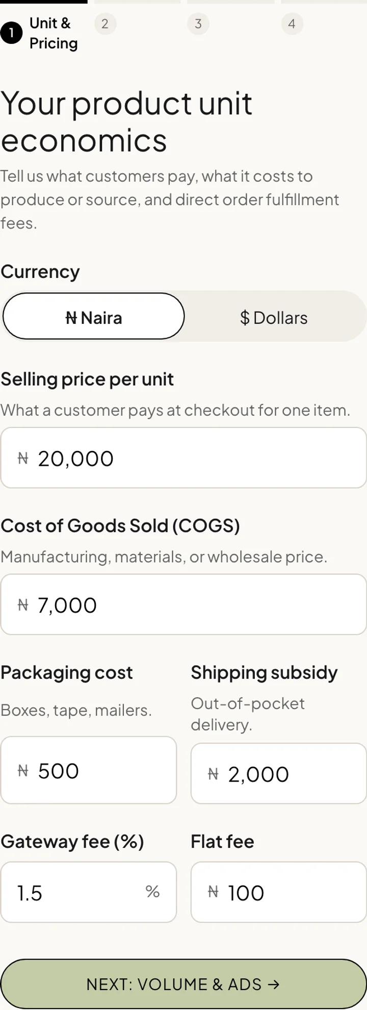 The profit calculator showing unit economics: selling price ₦20,000, COGS ₦7,000, shipping ₦2,000, and 1.5% gateway fee.